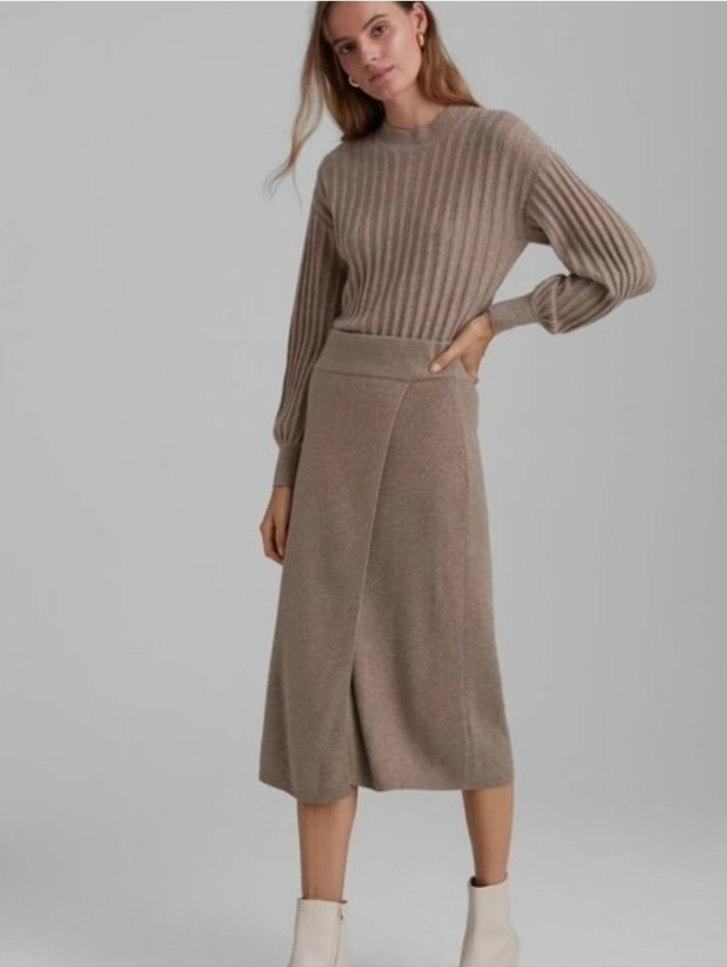 Club Monaco Neutral Beige Taupe Knit Wrap-Front Midi Skirt Wool Blend Small